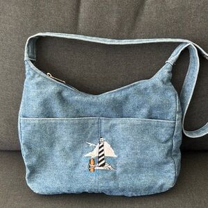 Vintage Denim Embroidered Light House Shoulder Bag| Beachy Coastal Bird